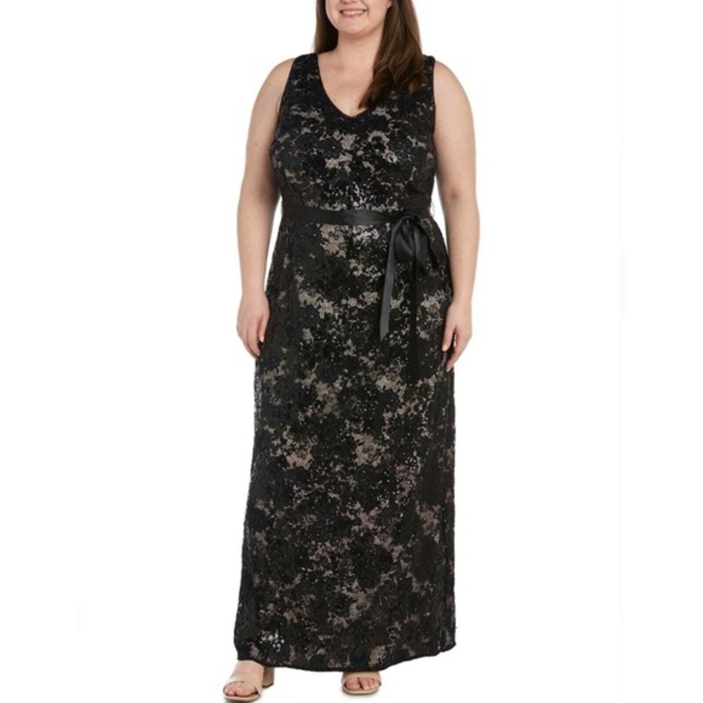 R&M Richards Woman Black Lace Sequins Belted V Neck Gown Dress Plus Size 18W
